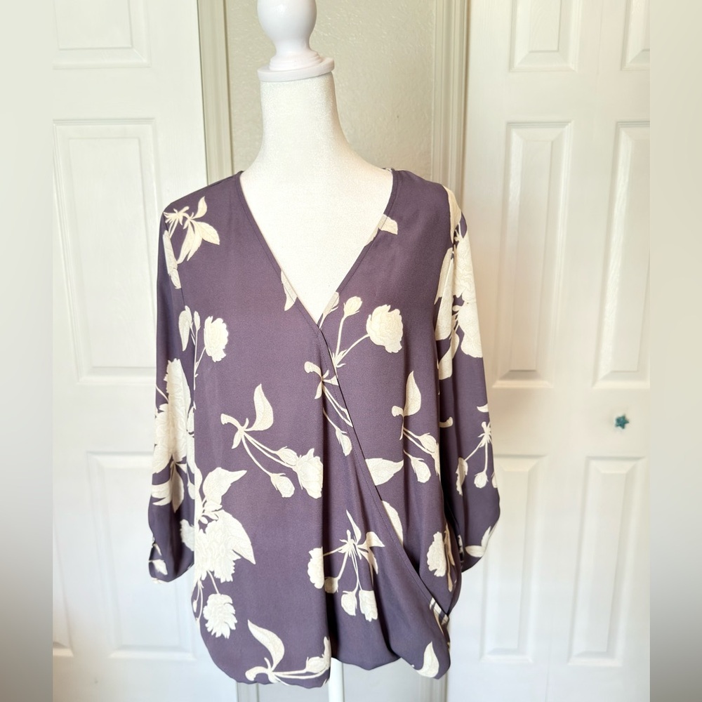 Purple Floral Wrap Style Blouse V Neck Top Size M